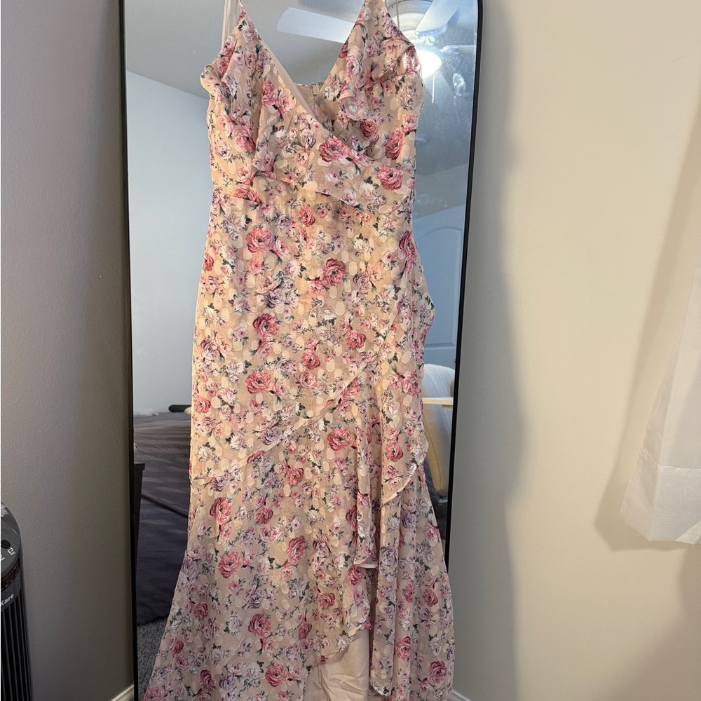 Express Asymmetrical Floral Dress in Pink and Cream